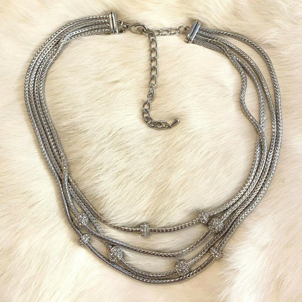 PRemier Designs Multi Layered Rhinestone Necklace Silver Tone Metal‎ 7777